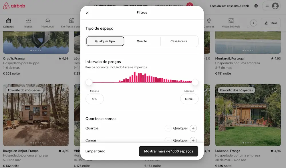 Processo de Busca e Filtro Simplificado Airbnb